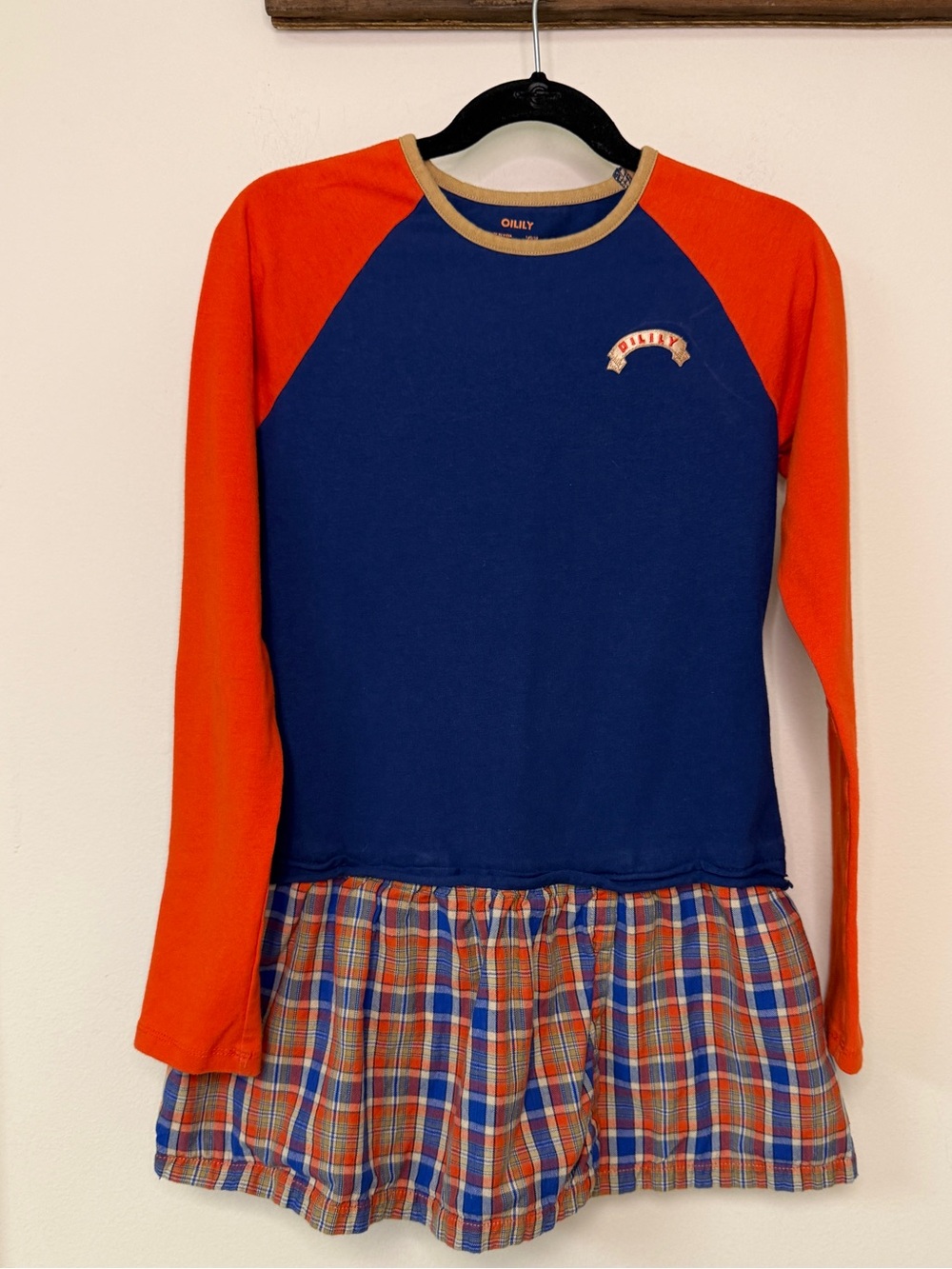 Oilily: Girls Orange Blue Plaid Long Sleeve Drop Waist Dress, Size 10 / 140